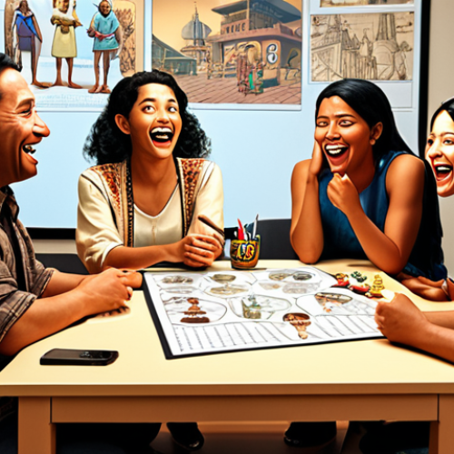 Home 18 **
A diverse group of animated characters from different cultural backgrounds brainstorming around a table. Some are laughing at a visual gag storyboard, while others are in deep discussion. The room is filled with concept art showcasing a variety of cultural clothing, architecture, and symbols. Emphasis on the importance of cultural consultants.
**