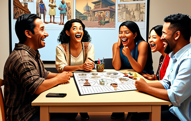 **
A diverse group of animated characters from different cultural backgrounds brainstorming around a table. Some are laughing at a visual gag storyboard, while others are in deep discussion. The room is filled with concept art showcasing a variety of cultural clothing, architecture, and symbols. Emphasis on the importance of cultural consultants.
**
