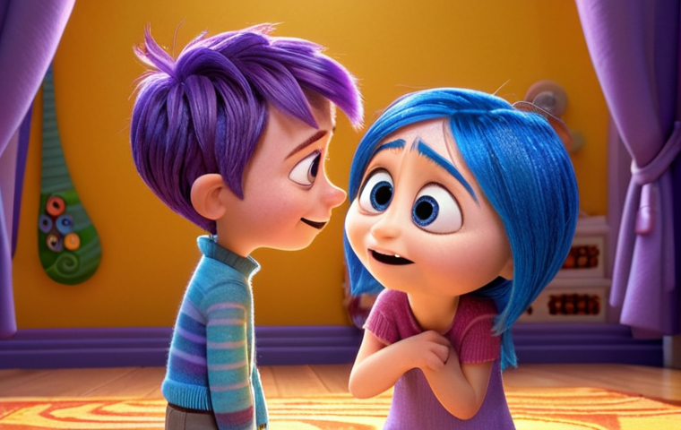 ** A heartwarming scene from an animated film featuring personified emotions as characters. Emphasize vibrant colors and a style reminiscent of Pixar's "Inside Out," focusing on a moment of emotional connection and understanding.
**