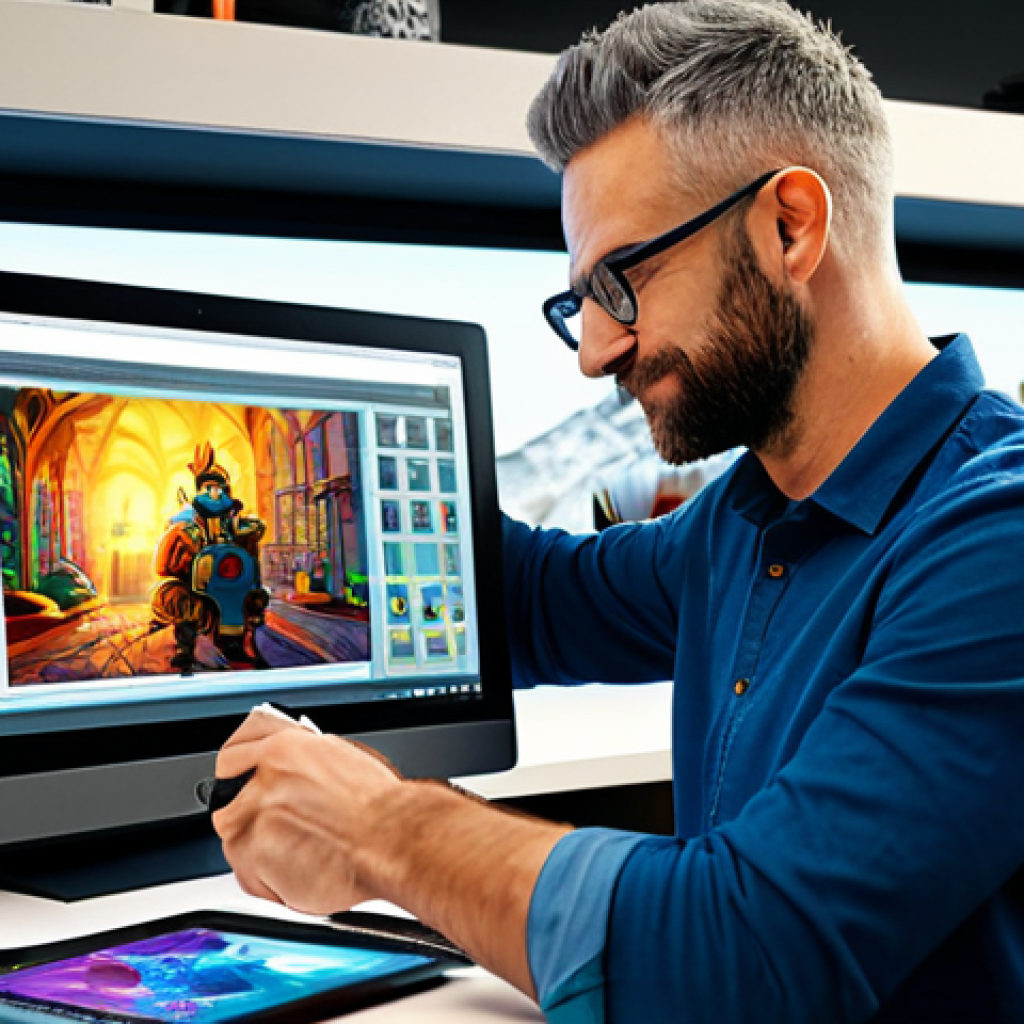 애니메이션 기획사에서 사용하는 최신 기술 - Digital Animator at Work**
"A professional digital animator, fully clothed in casual attire, workin...