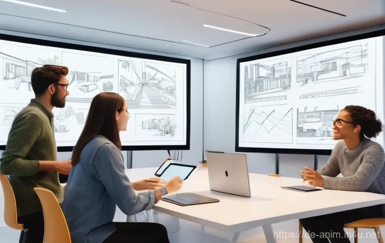 애니메이션 기획사와 외주 관리 노하우 - **A vibrant, modern animation studio buzzes with creative energy.** A diverse group of five animator...