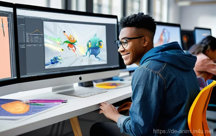 애니메이션 기획 관련 전공 과목 소개 - **Prompt:** A diverse group of young animation students, dressed in casual yet stylish attire, inten...