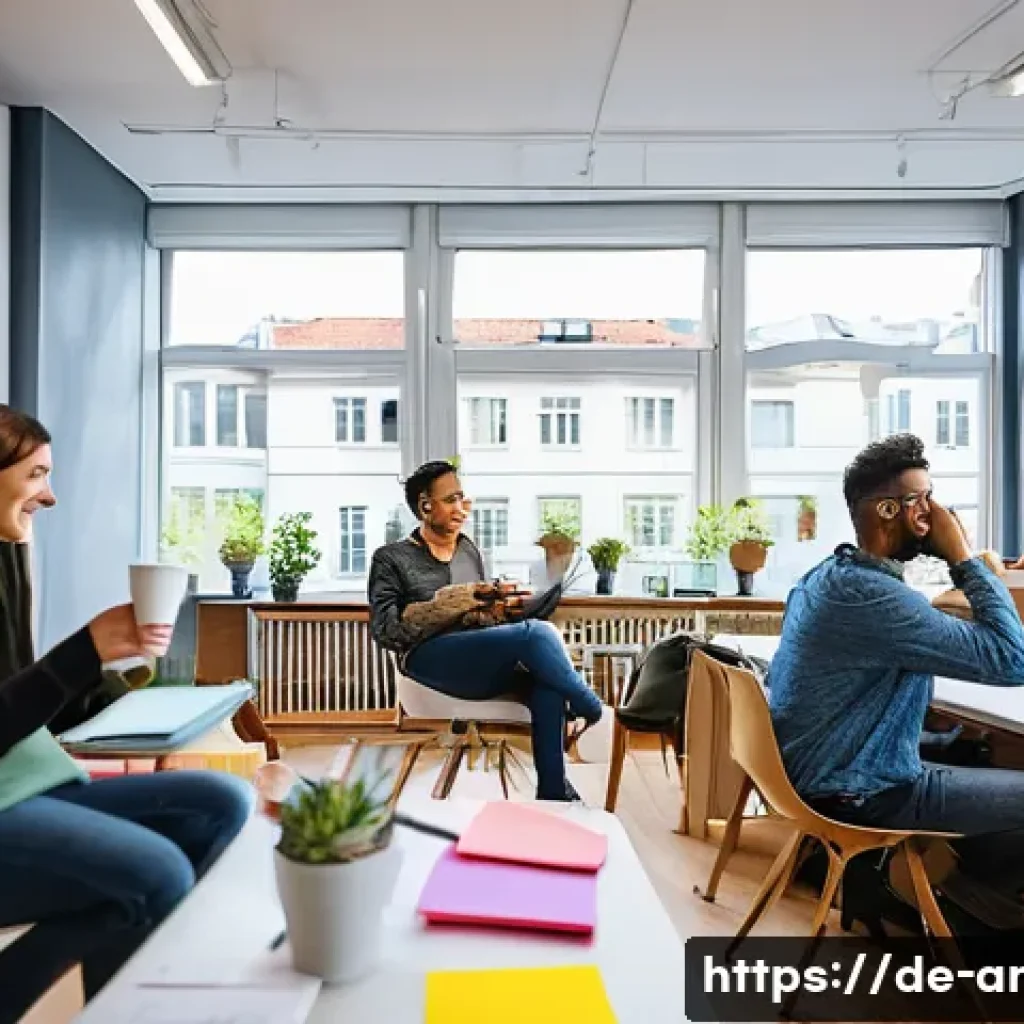 애니메이션 기획사에서 배울 수 있는 경영 노하우 - **Prompt:** A brightly lit, open office space in Berlin. The office has large windows overlooking th...