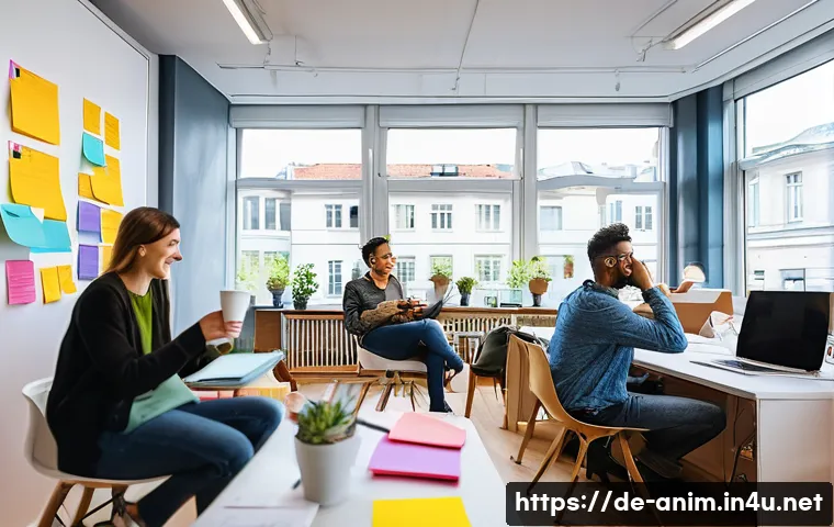 애니메이션 기획사에서 배울 수 있는 경영 노하우 - **Prompt:** A brightly lit, open office space in Berlin. The office has large windows overlooking th...