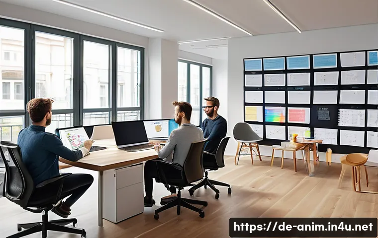 애니메이션 기획사를 위한 자기계발 도서 추천 - A modern animation studio environment in Berlin, Germany, showing a diverse creative team collaborat...