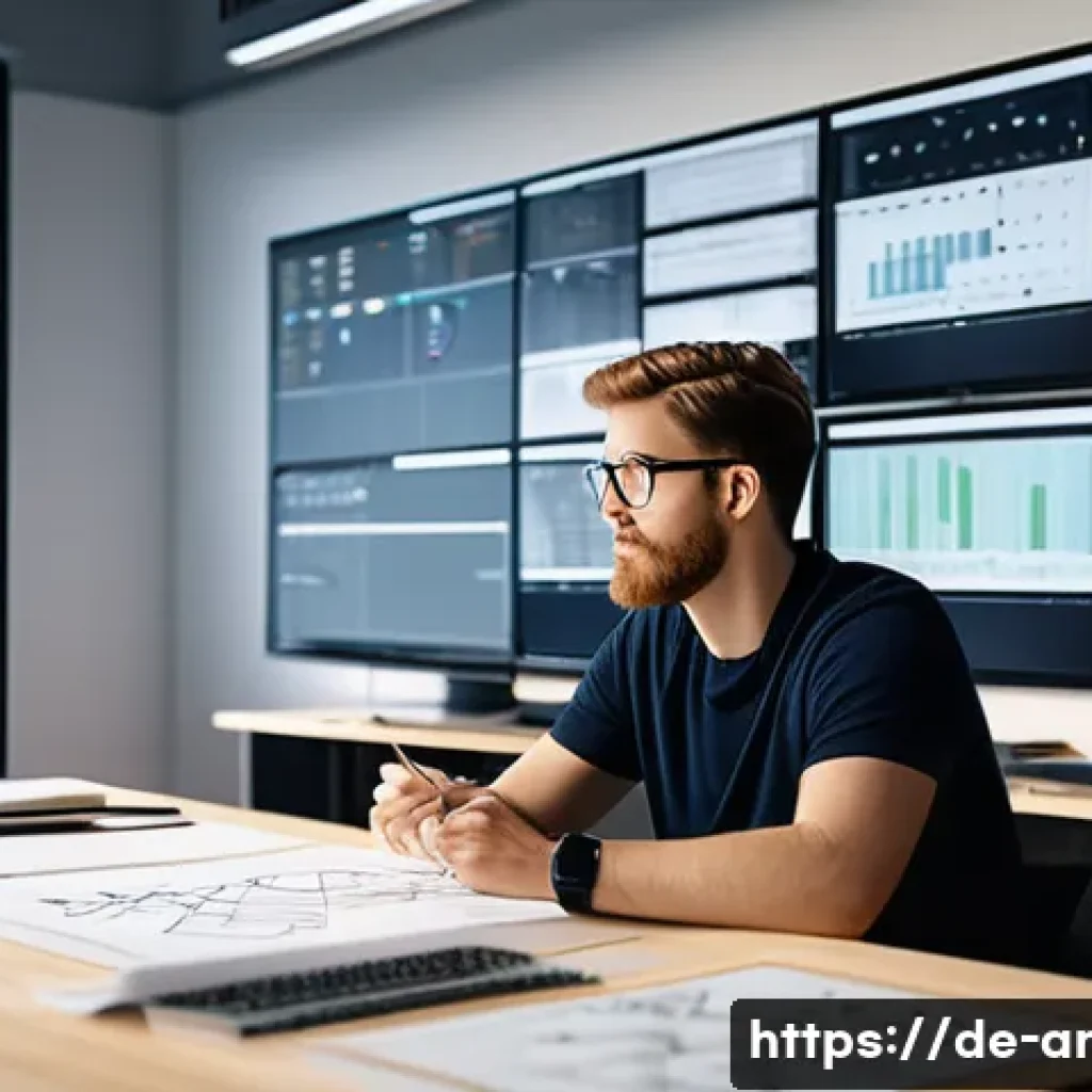 애니메이션 기획사로 전향한 디자이너 인터뷰 - A professional animation planner at work in a modern German creative studio, surrounded by large com...