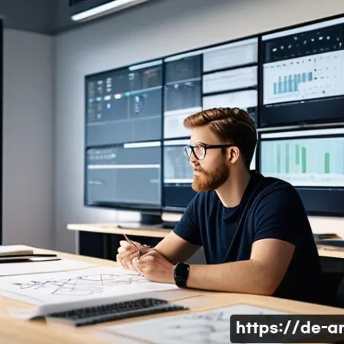 Home 33 애니메이션 기획사로 전향한 디자이너 인터뷰 - A professional animation planner at work in a modern German creative studio, surrounded by large com...