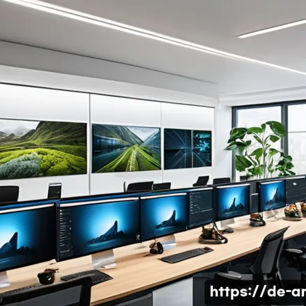 애니메이션 기획사의 협업 플랫폼 활용법 - A modern animation studio workspace showing a diverse team of creative artists and technical experts...