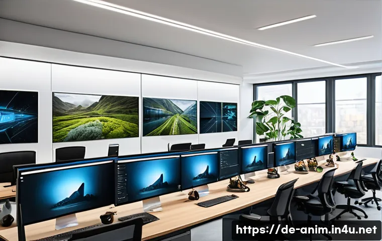 애니메이션 기획사의 협업 플랫폼 활용법 - A modern animation studio workspace showing a diverse team of creative artists and technical experts...