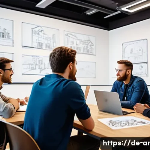 Home 30 애니메이션 기획사에서의 커뮤니케이션 스킬 - A modern animation studio team engaged in a lively face-to-face brainstorming session around a large...