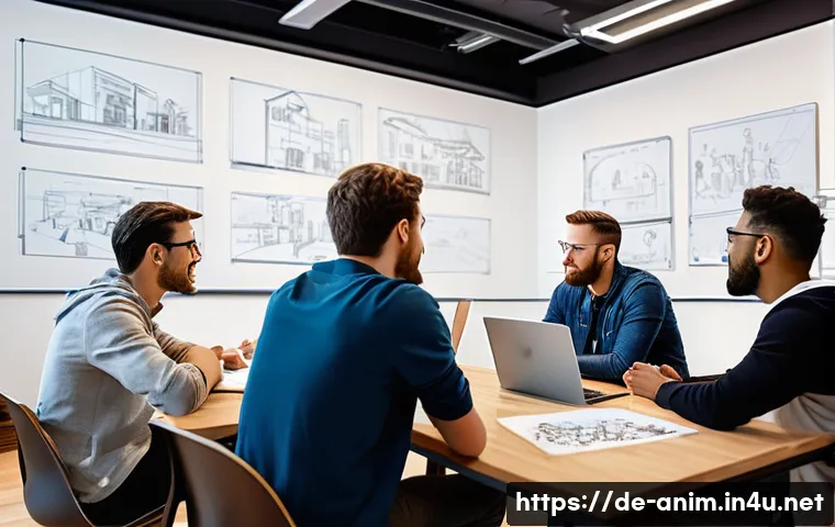 애니메이션 기획사에서의 커뮤니케이션 스킬 - A modern animation studio team engaged in a lively face-to-face brainstorming session around a large...